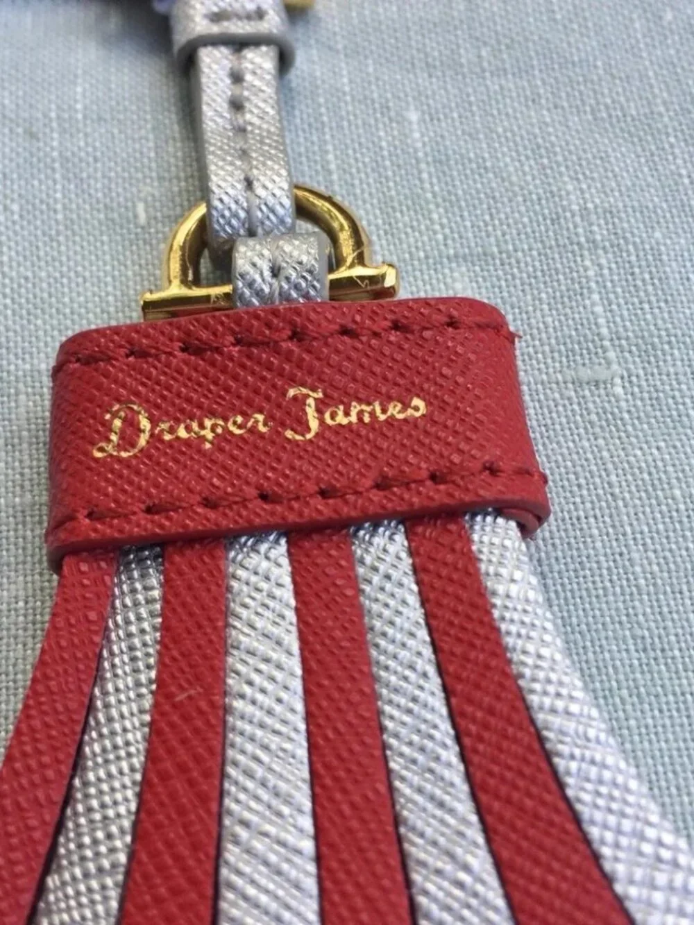 NWT Draper James silver & red leather pom pom key fob keychain